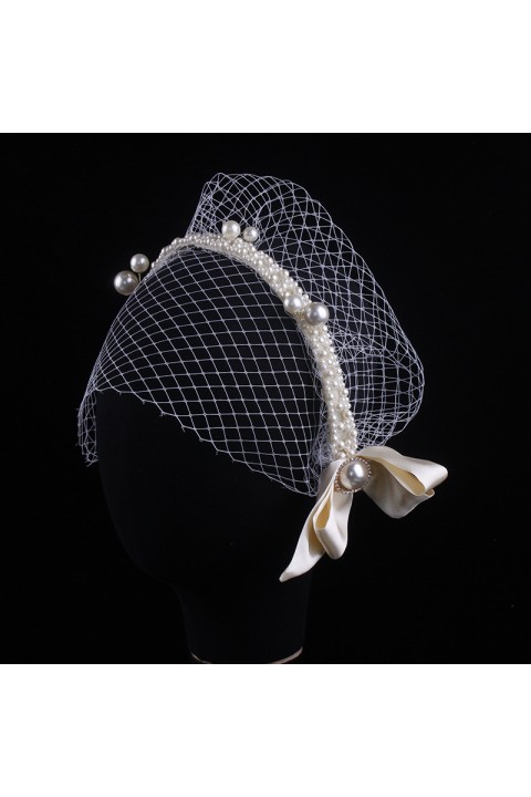 Vintage Handmade Pearl Satin Bow Mesh Bridal Headband