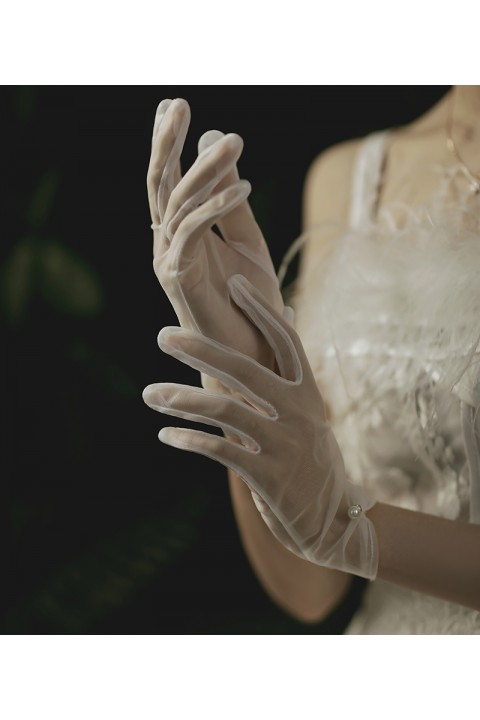 White Pearl Decor Thin Tulle&Satin Wedding Bridal Gloves