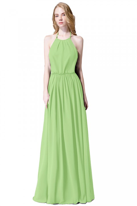 Halter Spaghetti Strap Open Back Chiffon Bridesmaid Dress with Sash