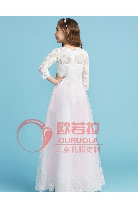 Round Neck Long Sleeve Tulle Skirt Junior Bridesmaid Dresses