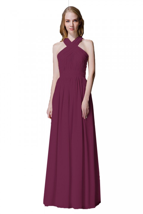 Criss-cross Halter Pleated Chiffon Bridesmaid Dress with Cross-straps Back