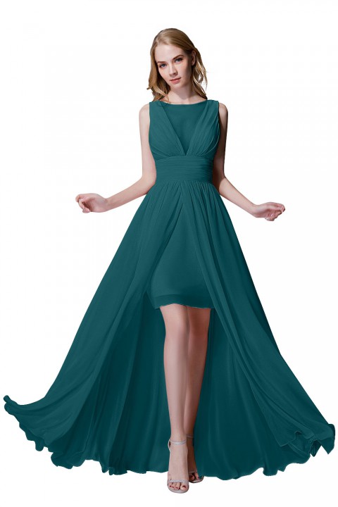 Plunging Illusion Tulle Scoop Neck High Slit Chiffon Bridesmaid Dress