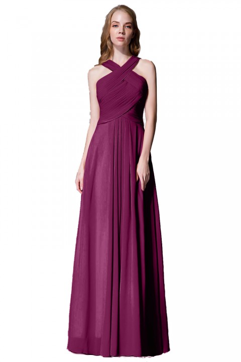 Chic Criss-cross Halter Pleated Chiffon Bridesmaid Dress Long