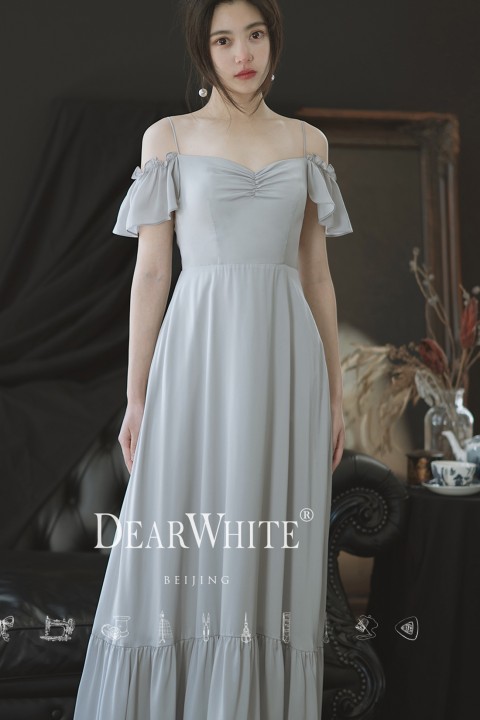 Cold Shoulder Ruched Ruffled Hem Long Chiffon Bridesmaid Dress