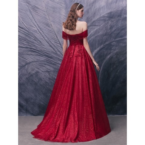 Red Off Shoulder Beaded Sequin Decor Shinny Tulle Party Dress