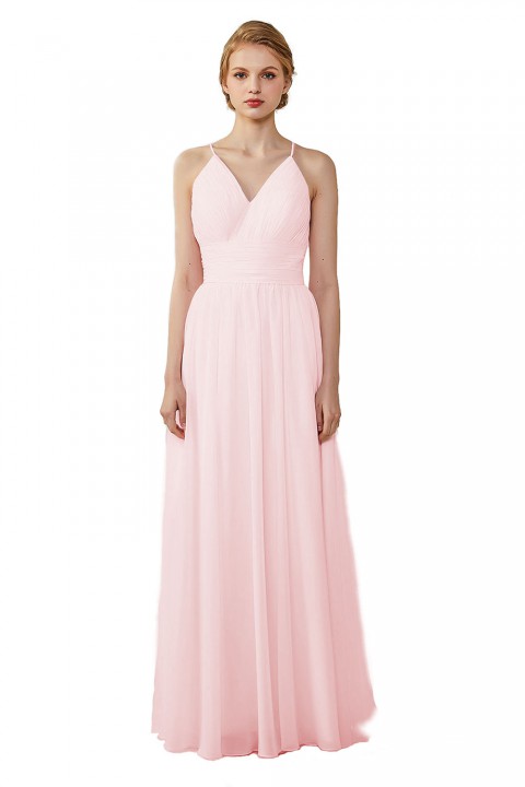 Spaghetti Straps V-Neck Bridesmaid Dress Open Back with Triangle Lace Detail