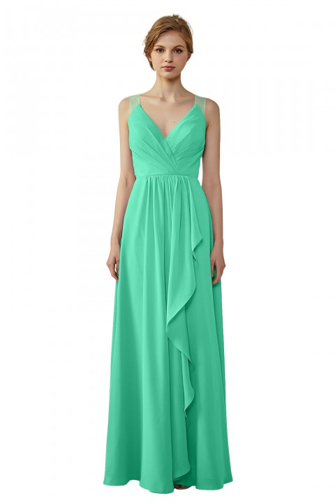 Lace Illusion Back Clousre Tulle Strap V-Neck Bridesmaid Dress with Ruffle