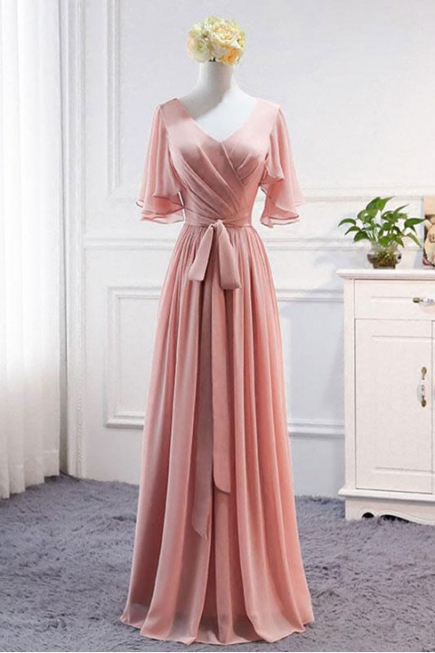 Flutter Sleeves V Neck Ruched Bridesmaid Dress with Belt