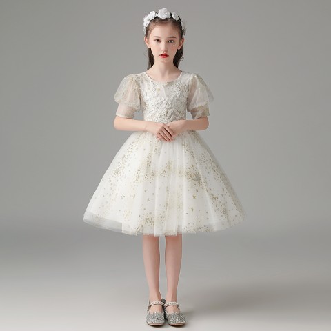 White Vintage Round Neck Short Puff Sleeves Beaded & Sequined Flower Shiny Tulle Short Skirt Girls Pageant Dress