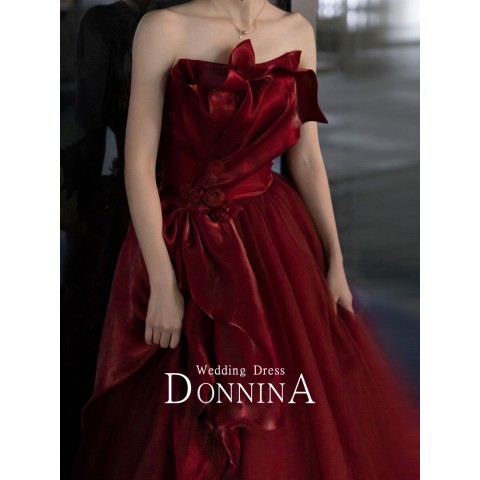 Burgundy Off Shoulder Big Bow Design Flower Decor Tulle Skirt Satin Party Dress