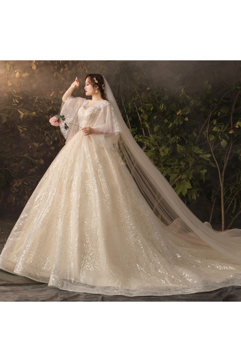 Plus Size 2021 Round Neck Long Trumpet Sleeves Sequined Flower Tulle Wedding Dress With Long Train
