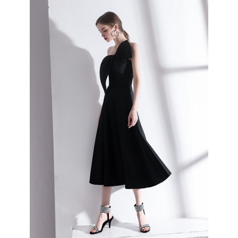 Off Shoulder Big Black Bow Design Sleeveless Velvet Party Dress