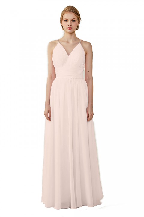 Spaghetti Straps V-Neck Bridesmaid Dress Open Back with Triangle Lace Detail