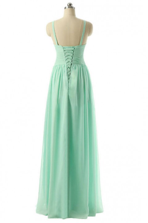 Spaghetti Straps Pleated Chiffon Bridesmaid Dress with Corset