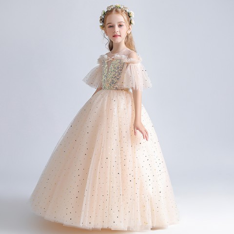 Champagne Illusion Round Neck Sleeveless Sequins Decor Tulle Skirt Girls Pageant Dresses