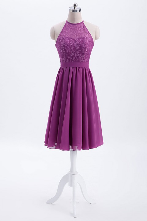 Illusion High Neck Halter Lace Short Bridesmaid Dress with Tie Detail