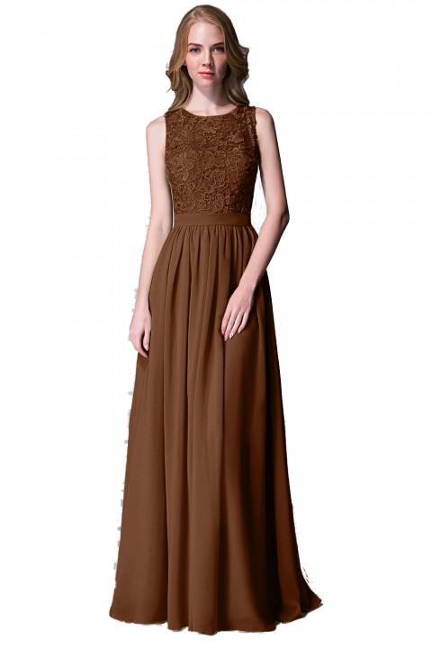 Lace Upper Bodice Illusion Scoop Neck Chiffon Bridesmaid Dress Sleeveless