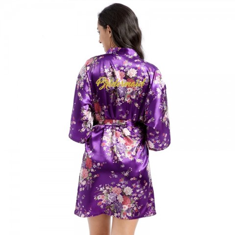 Floral Slogan Printed Tied Waist Silk Bridesmaid Robe
