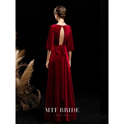 Elegant Muse Deep V-neck Tie Back Wrap Velvet Party Dress