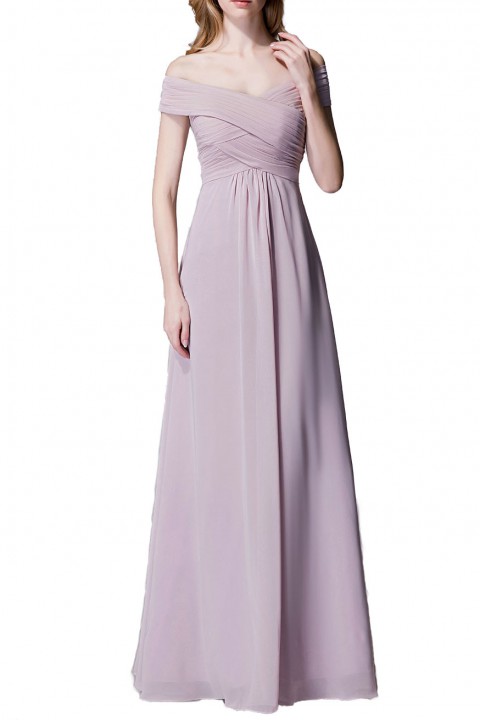 Crisscross Off-the-Shoulder Pleated V-back Bridesmaid Dress Long