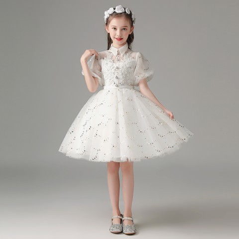 White Stand Collar Short Puff Sleeves Sequin & Beaded Flower Decor Shiny Tulle Skirt Girls Pageant Dresses