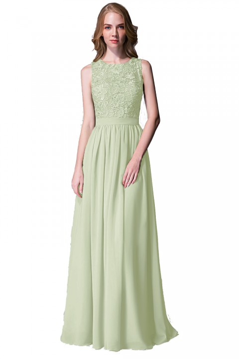 Lace Upper Bodice Illusion Scoop Neck Chiffon Bridesmaid Dress Sleeveless