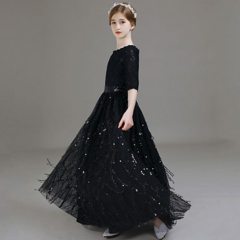 Round Neck Long Sleeve Sequins Tulle Skirt Girls Pageant Dresses