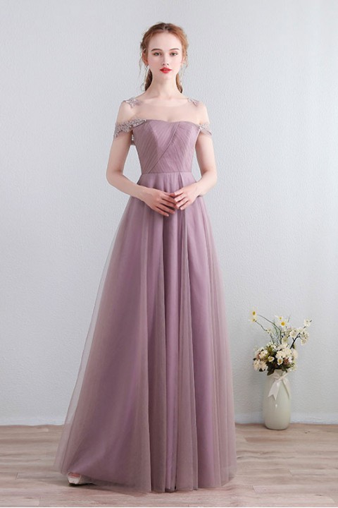 Lace Illusion Scoop Neckline Cold Shoulder Tulle Bridesmaid Dress with Open Back