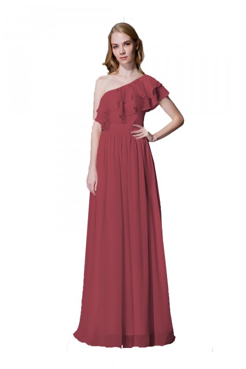 Asymmetrical One-Shoulder Flounce Chiffon Bridesmaid Dress Long