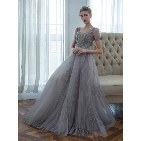 Grey Deep V-neck Puff Sleeves Beaded & Sequin Decor Pleated Tulle Party Dress