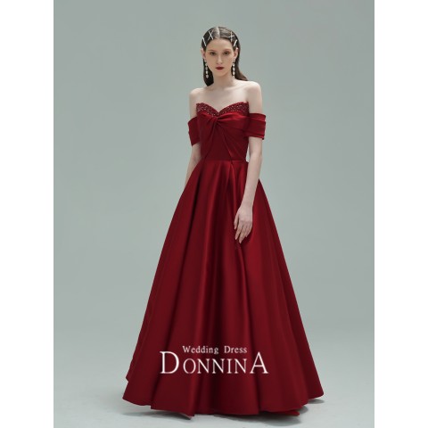 Burgundy Off Shoulder Sweetheart Beaded Neck Big Bow Decor Satin Party Dress