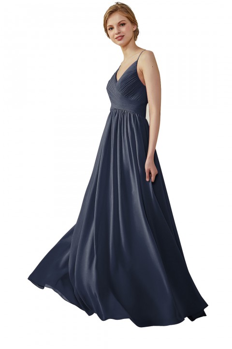 Spaghetti Straps Pleated Low V Back Bridesmaid Dress