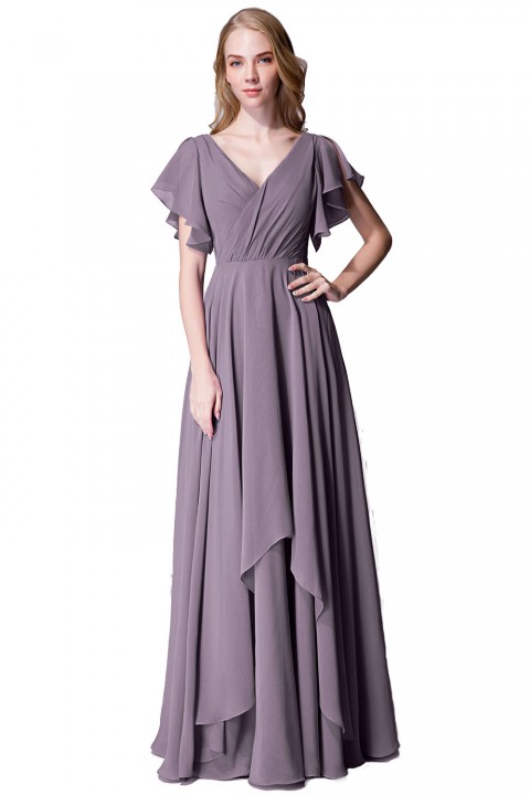 Flutter Sleeve Chiffon Ruched V Back Bridesmaid Dress Long