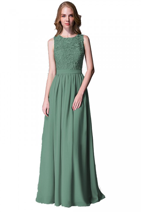 Lace Upper Bodice Illusion Scoop Neck Chiffon Bridesmaid Dress Sleeveless