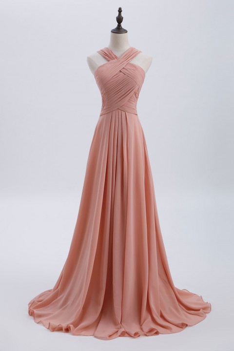 Chic Criss-cross Halter Pleated Chiffon Bridesmaid Dress Long