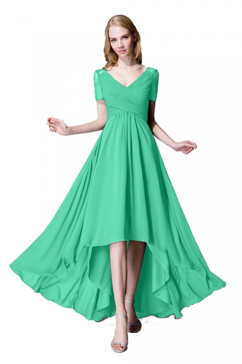 Criss Pleated V-neck High-low Chiffon Bridesmaid Dress with Illusion Sleeves