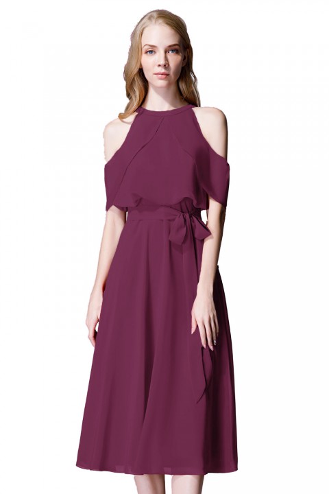 Flirty Off Shoulder Chiffon Ruffled Detachable Belt Bridesmaid Dress Short