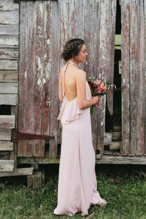 Bohemian Halter Ruffles Open Back Chiffon Bridesmaid Dress 