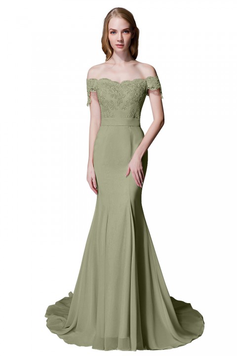 Elegant Mermaid Off Shoulder Chiffon Lace Straight Bridesmaid Dress with Train