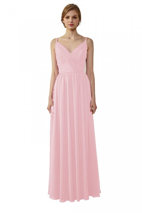 Double Spaghetti Straps Draped Lace Open-back Chiffon Bridesmaid Dress