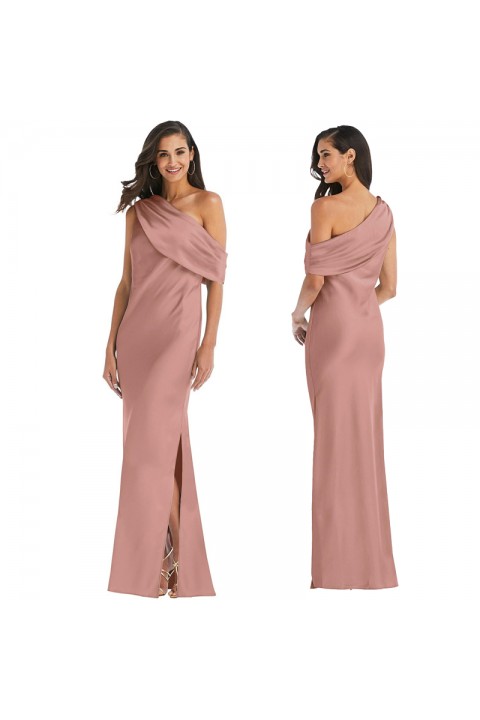 Blush One Shoulder Side Split Satin Bridesmaid Dress