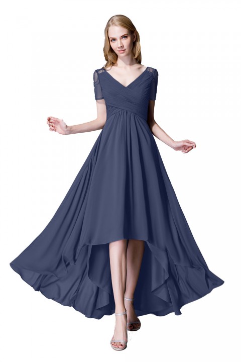 Criss Pleated V-neck High-low Chiffon Bridesmaid Dress with Illusion Sleeves