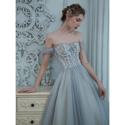 Grey Off Shoulder Bowknot Decor Beaded Decor Tulle Party Dress