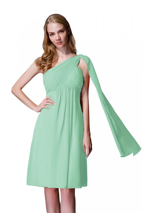 One-Shoulder Pleated Chiffon Short Bridesmaid Dress With Flowing Cape