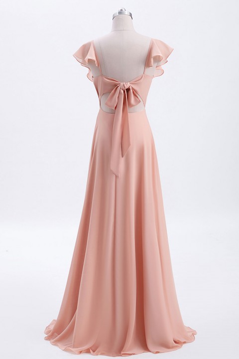 V Neck Cascading Ruffles Sleeve Bow Back Bridesmaid Dress 