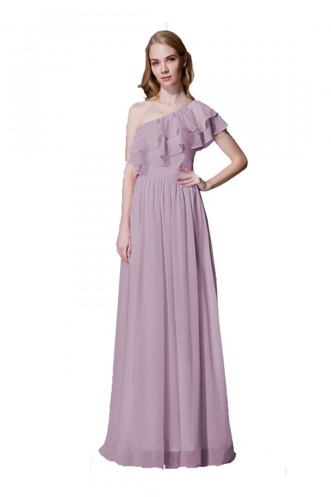 Asymmetrical One-Shoulder Flounce Chiffon Bridesmaid Dress Long