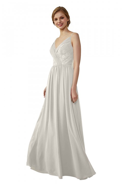 Double Spaghetti Straps Draped Lace Open-back Chiffon Bridesmaid Dress