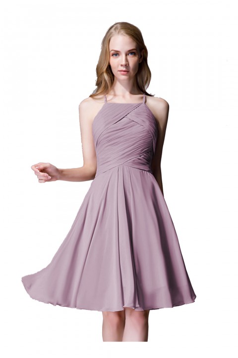 Elegant Halter Tea Length Pleated Chiffon Bridesmaid Dress with Tie Back