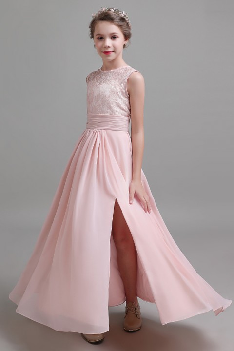 Round Neck Open Fork Design Sleeveless Chiffon Junior Bridesmaid Dresses