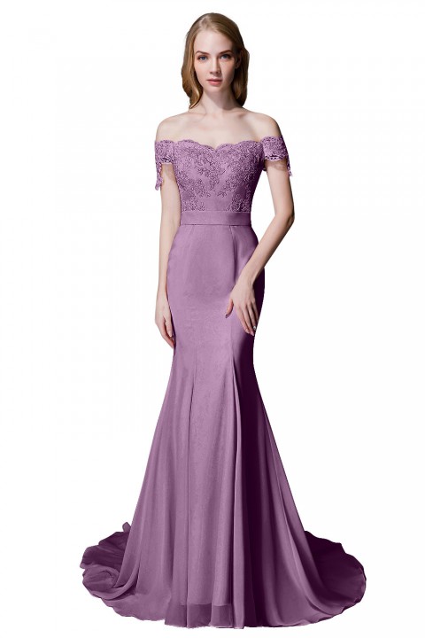 Elegant Mermaid Off Shoulder Chiffon Lace Straight Bridesmaid Dress with Train